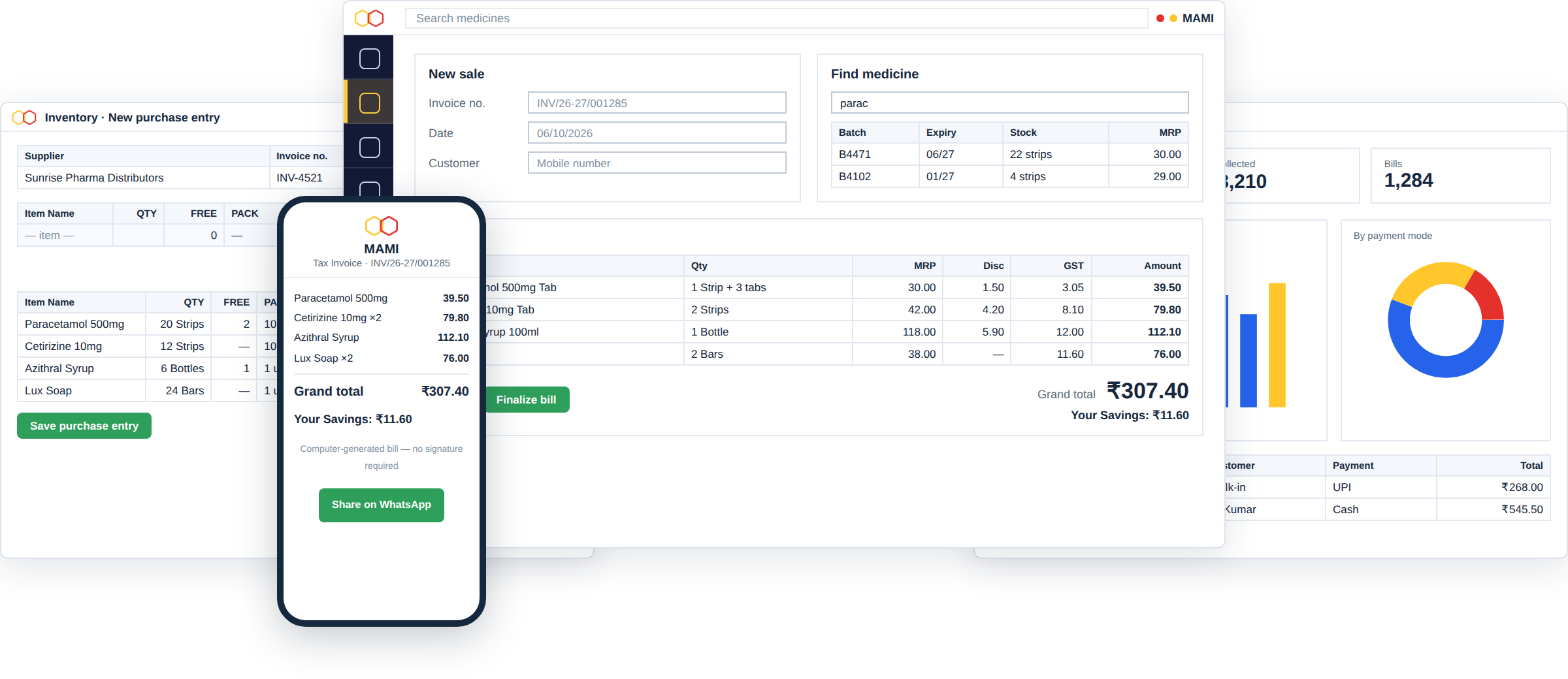 commretail: New sale screen, purchase entry grid, GST reports and a customer's bill on a phone